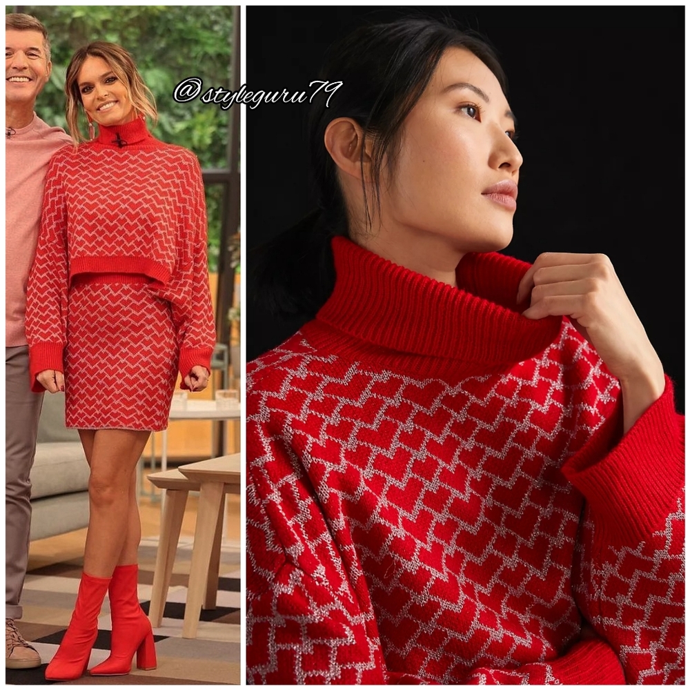 Anthropologie Red and White Patterned Turtleneck Sweater